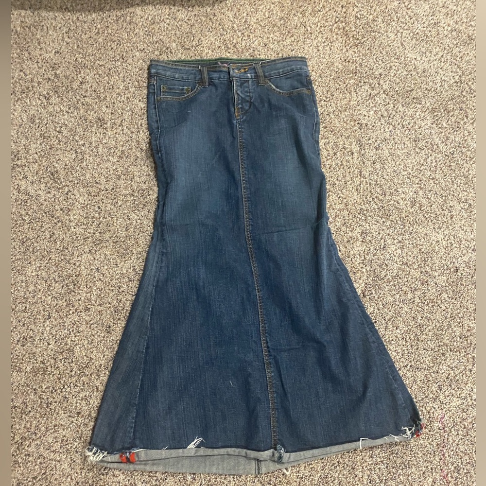 Bebe fit and flare denim maxi skirt
